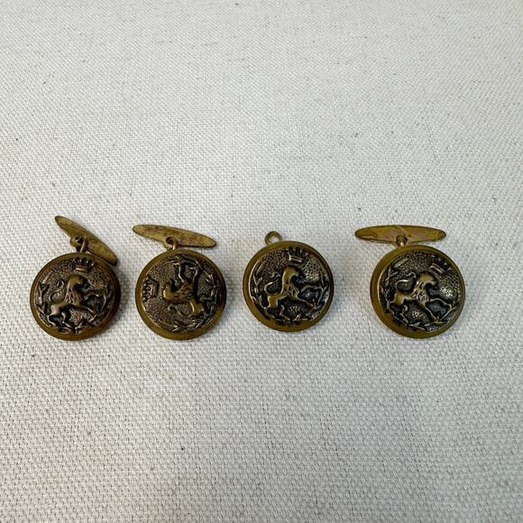 Antique Brass Buttons 4 Pieces Lion Cufflinks Army Uniform Copper Backs Round - Picture 1 of 5